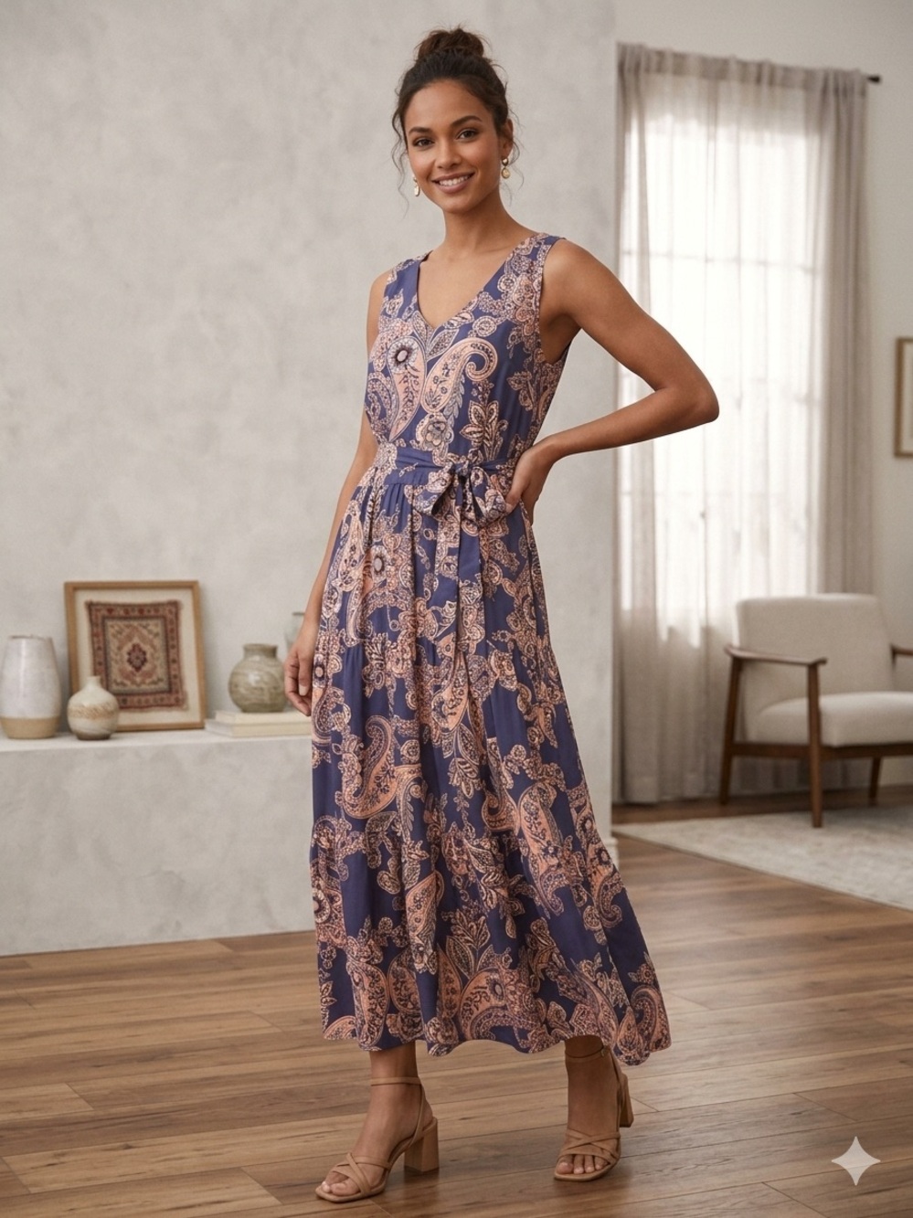 Shelby & Palmer Dusty Blue and Peach Paisley Maxi Dress